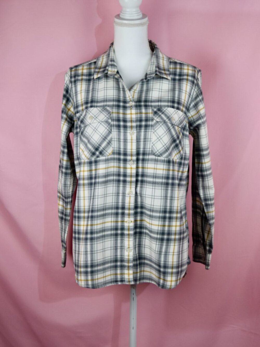 Eddie Bauer Gray & Yellow Plaid Flannel Button-Up Shirt | Size L